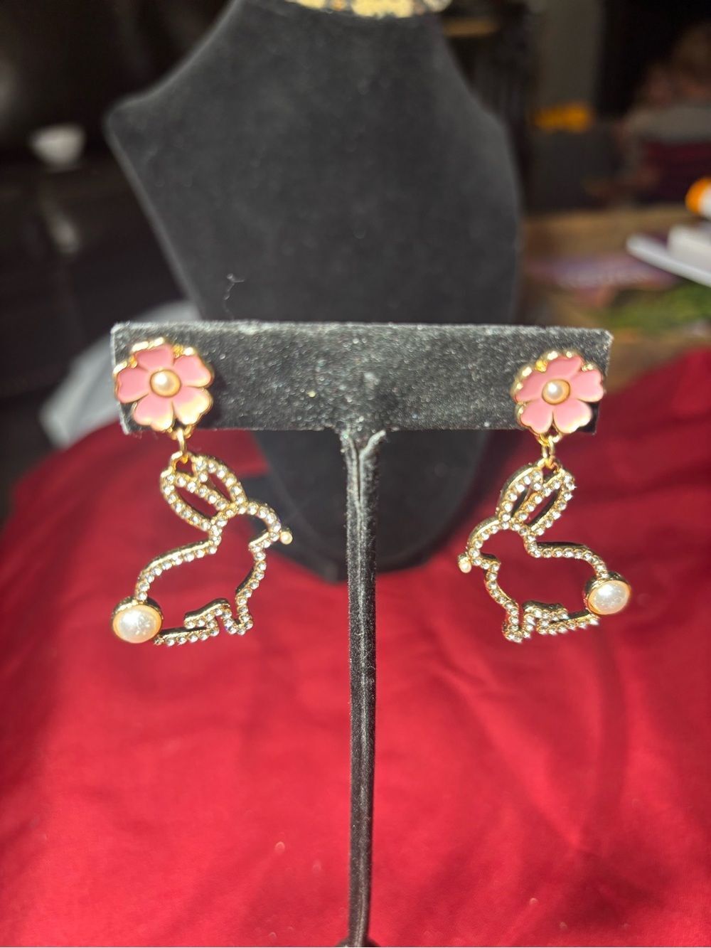 New Pink Floral Pearl Bunny Drop Earrings - Easter Women Jewelry